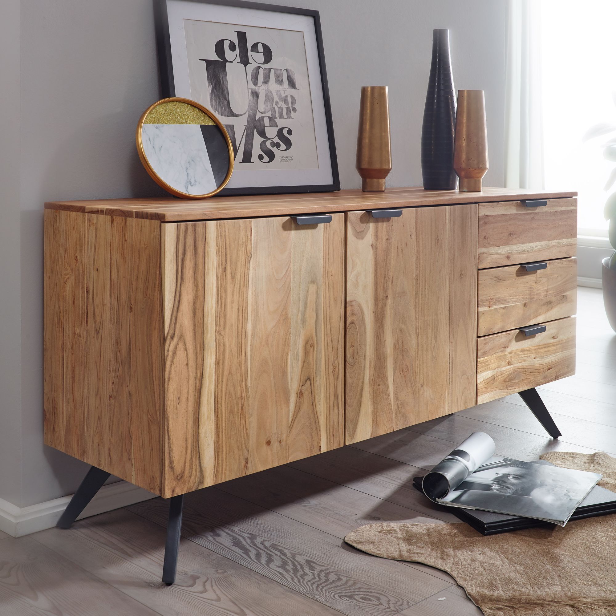 solid wood sideboard cabinet for storage in teak finish