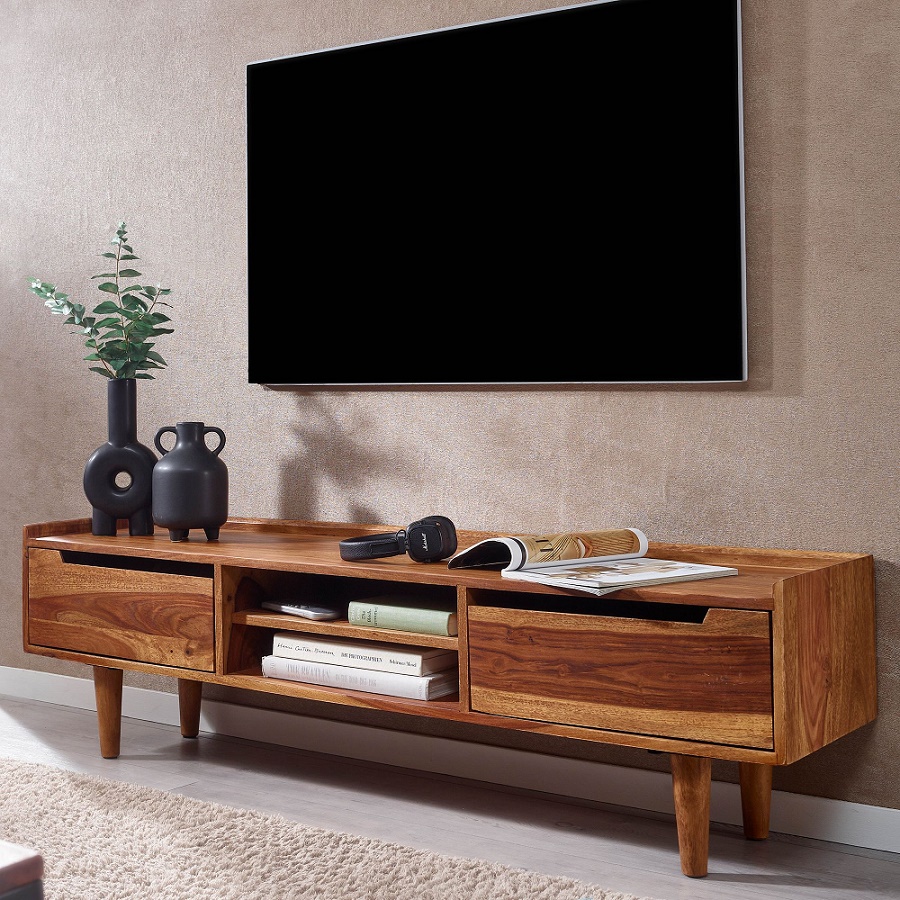 Solid Sheesham Wood Tv Unit With Storage In Natural Finish