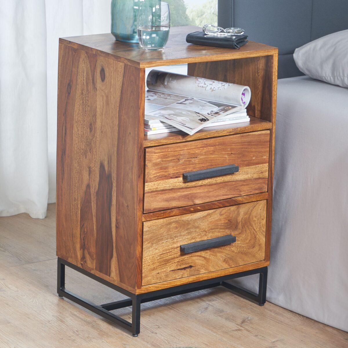 Solid Sheesham Wood Bedside Table with Storage for Bedroom in Natural Finish