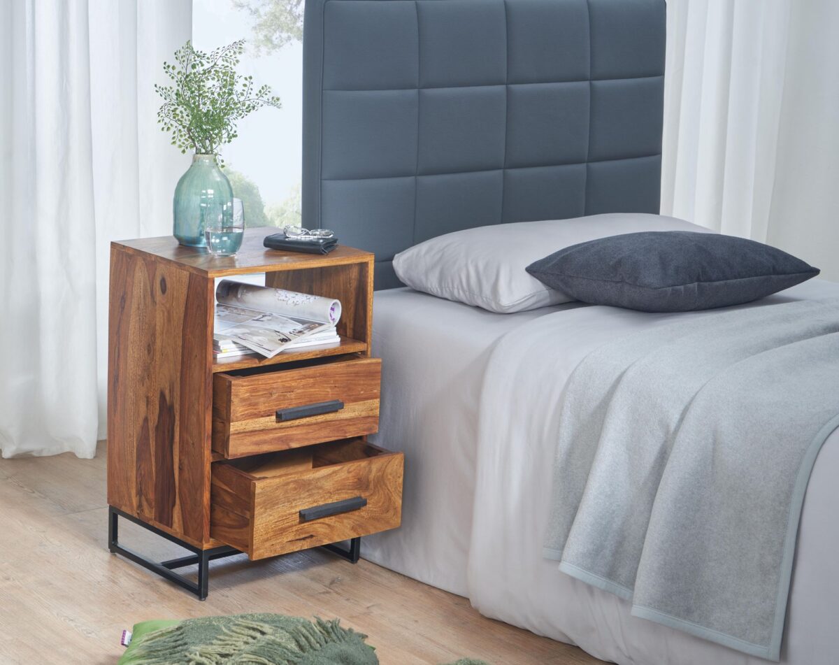 Solid Sheesham Wood Bedside Table with Storage for Bedroom in Natural Finish