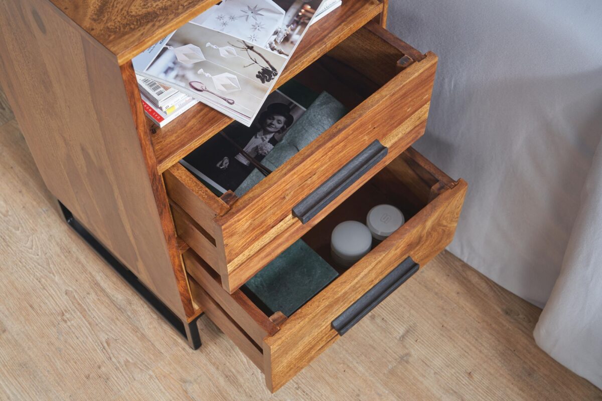 Solid Sheesham Wood Bedside Table with Storage for Bedroom in Natural Finish