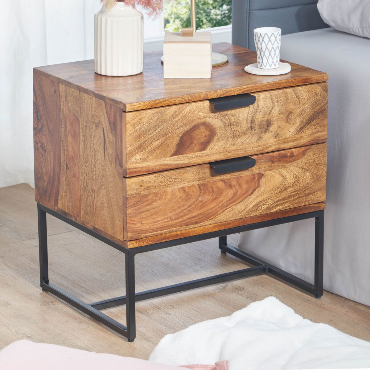 Solid Wooden Side table for bed In Natural Finish