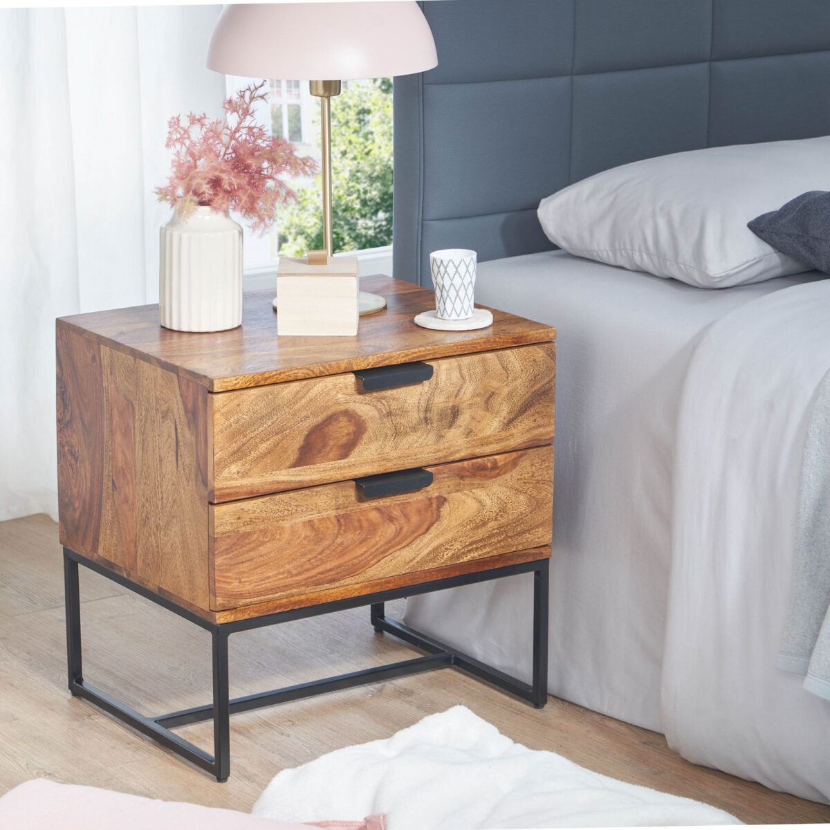 Solid Wooden Side table for bed In Natural Finish