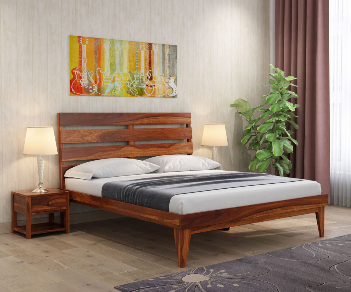 Solid Sheesham Wood King Size Bed Without Storage In Natural Finish