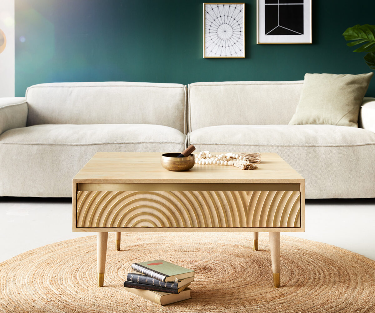 Wooden Coffee Table With 2 Drawer In Natural Finish