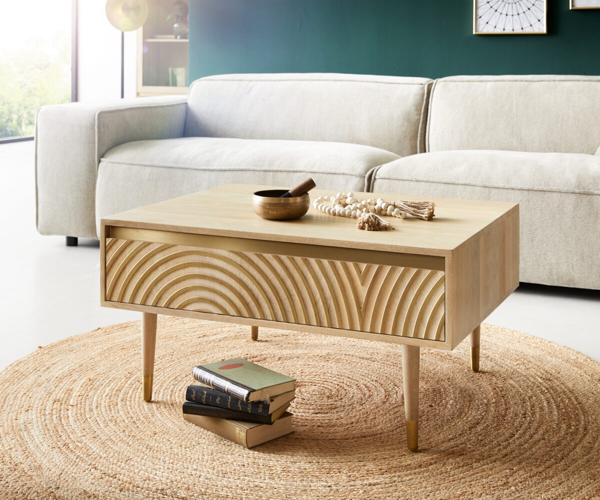 Wooden Coffee Table With 2 Drawer In Natural Finish