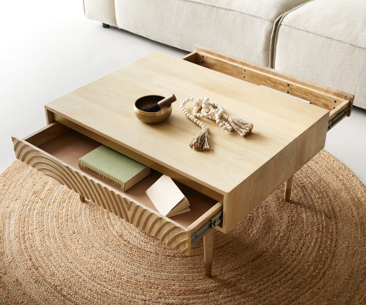 Wooden Coffee Table With 2 Drawer In Natural Finish