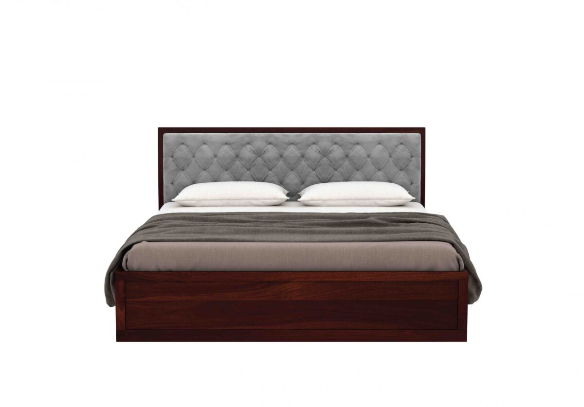 Cushioned Grey Solid Sheesham Wood Queen Size Bed With Box Storage (Walnut Finish)