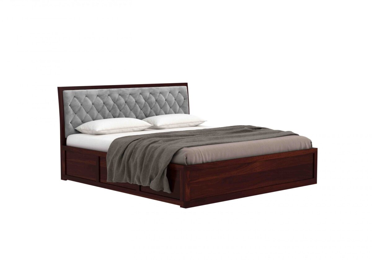 Cushioned Grey Solid Sheesham Wood Queen Size Bed With Box Storage (Walnut Finish)