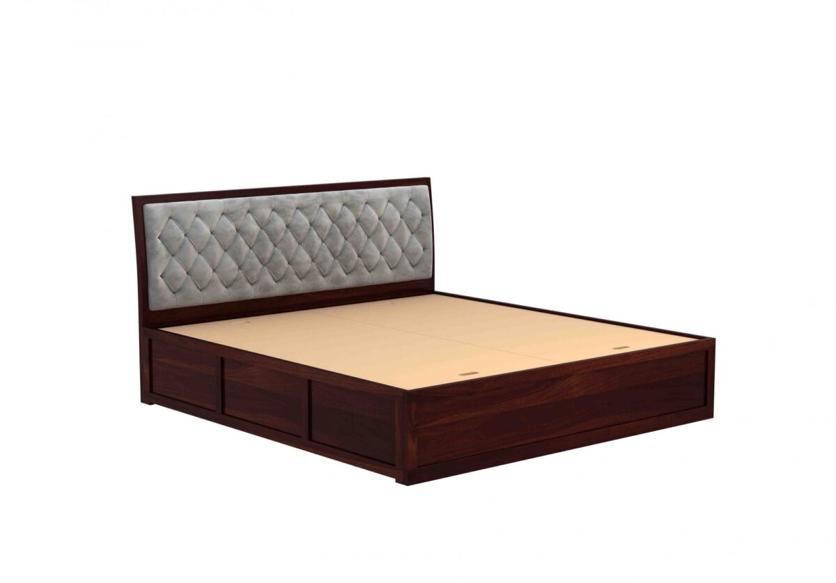 Cushioned Grey Solid Sheesham Wood Queen Size Bed With Box Storage (Walnut Finish)