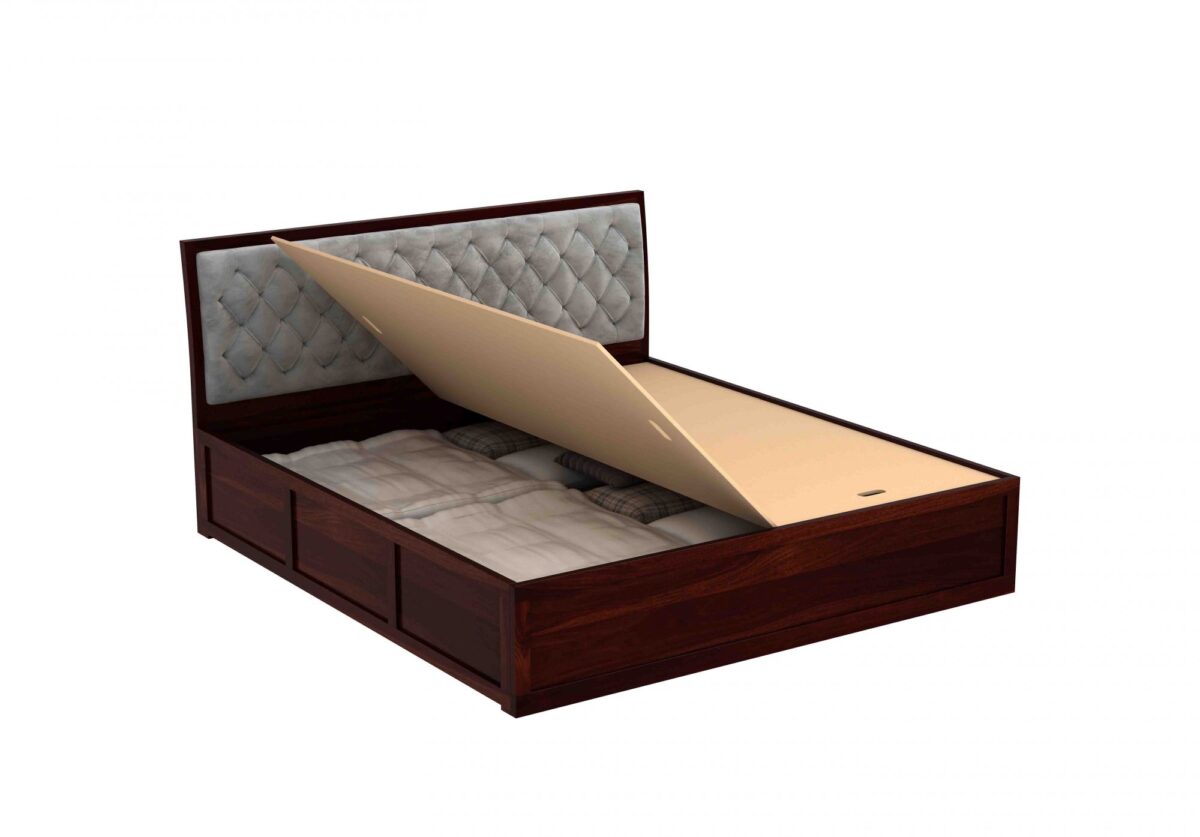 Cushioned Grey Solid Sheesham Wood Queen Size Bed With Box Storage (Walnut Finish)