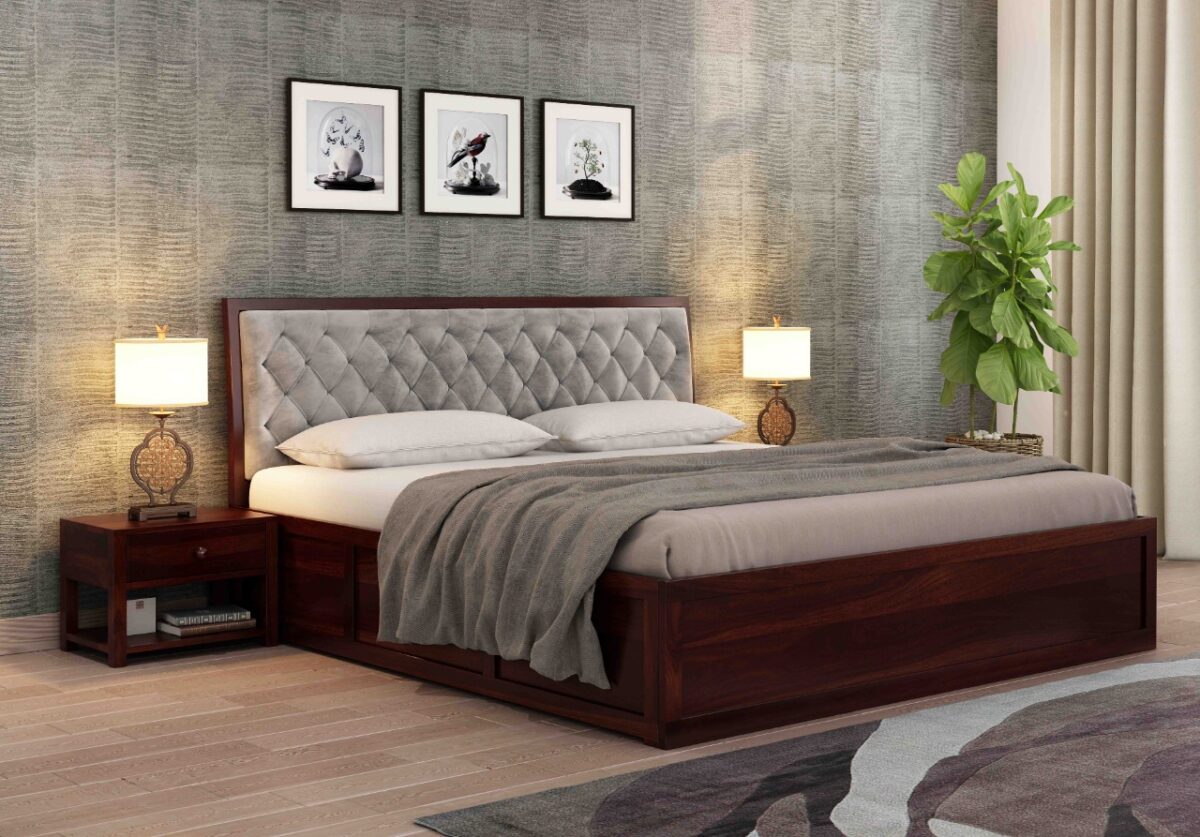 Cushioned Grey Solid Sheesham Wood Queen Size Bed With Box Storage (Walnut Finish)