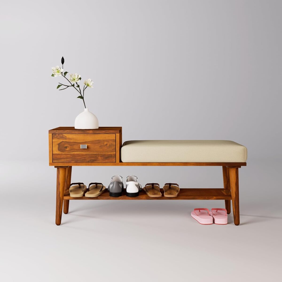 wooden shoe rack with seat cushion