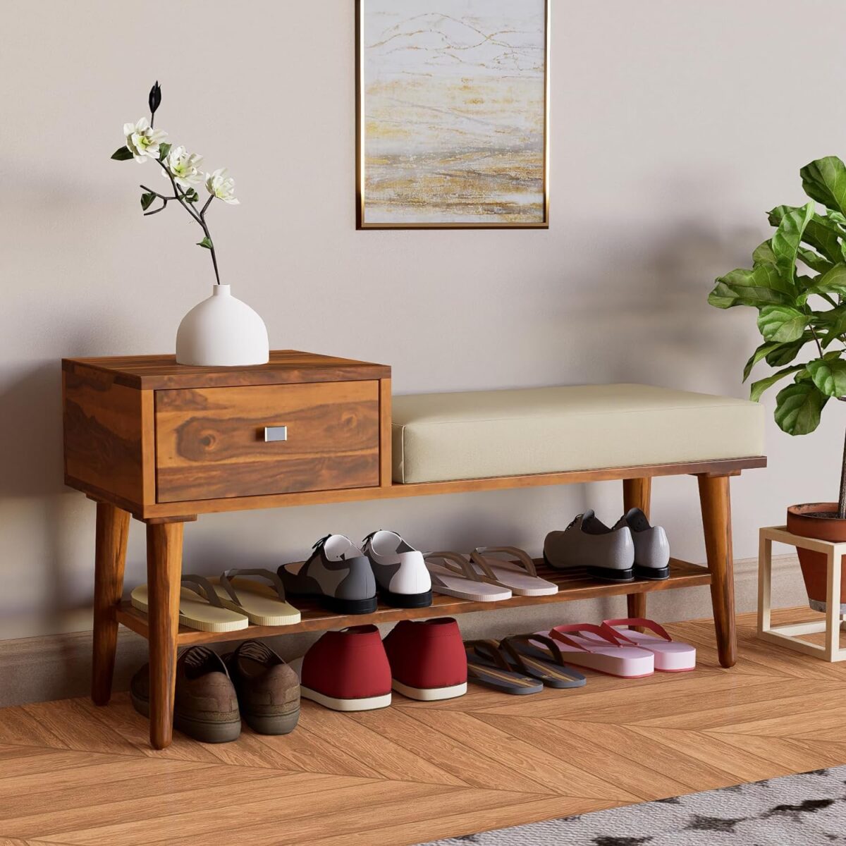 wooden shoe rack with seat cushion