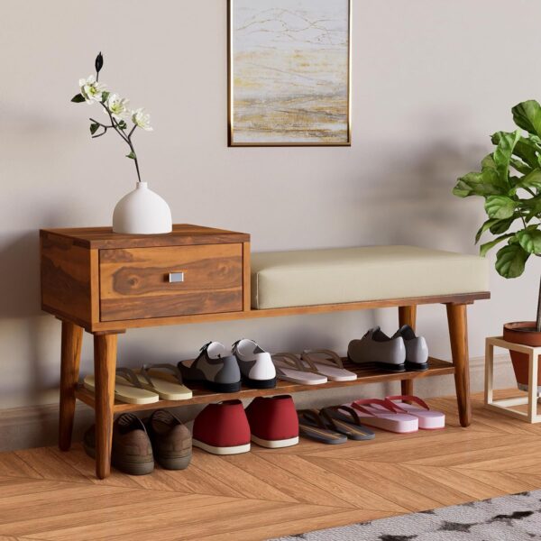 wooden shoe rack with seating cushion