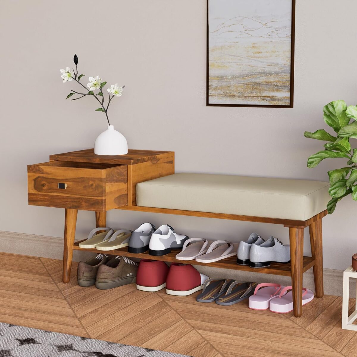 wooden shoe rack with seat cushion