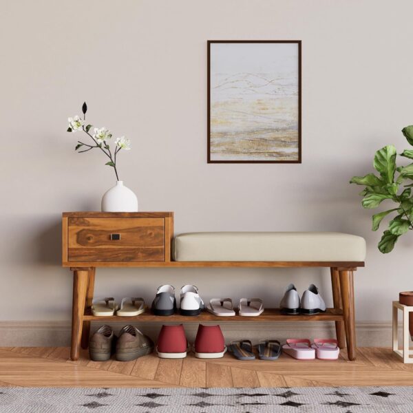 wooden shoe rack with seating cushion