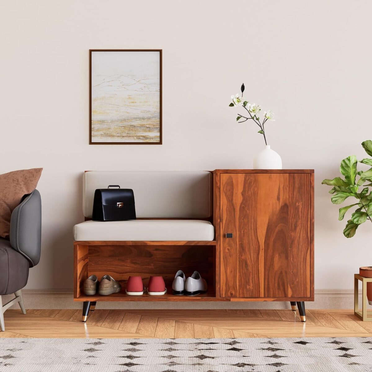 wooden shoe rack with seating cushion