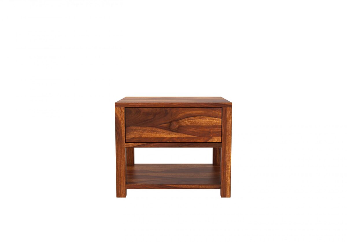 Solid Wood Side Table With Drawer In Teak Finish