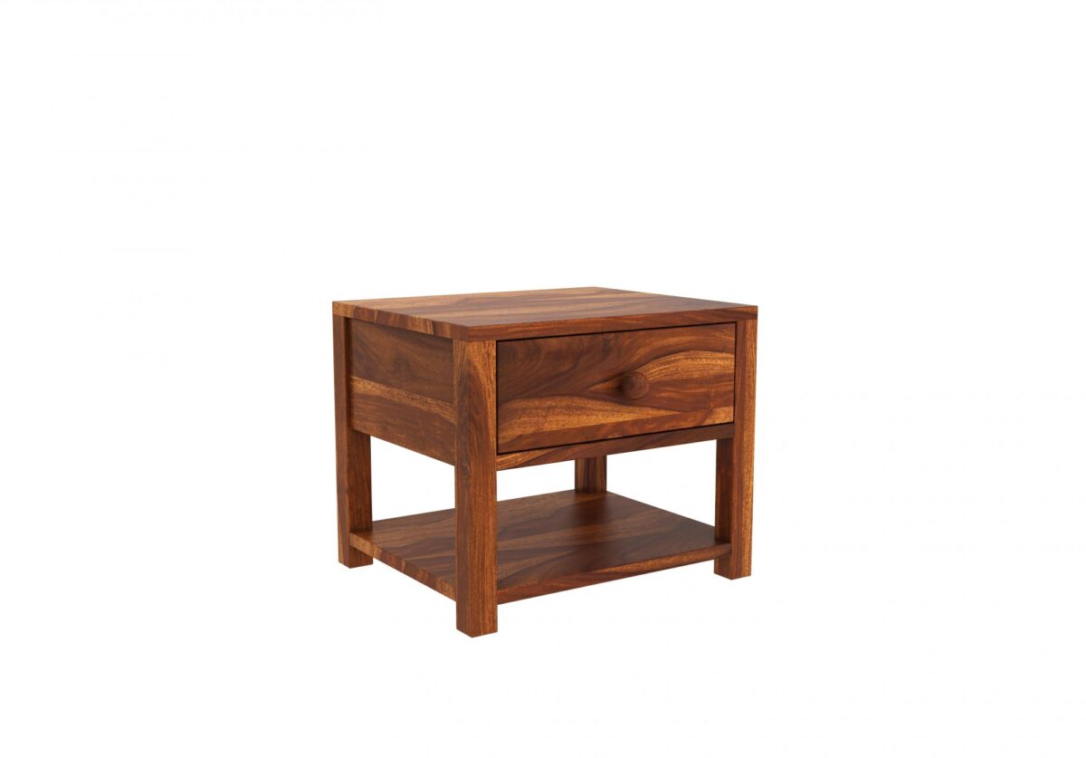 Solid Wood Side Table With Drawer In Teak Finish