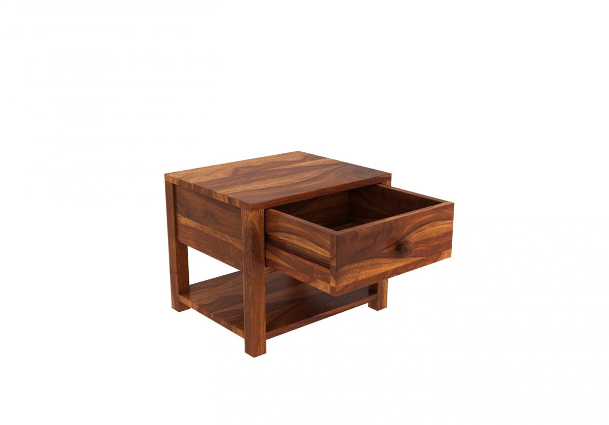 Solid Wood Side Table With Drawer In Teak Finish